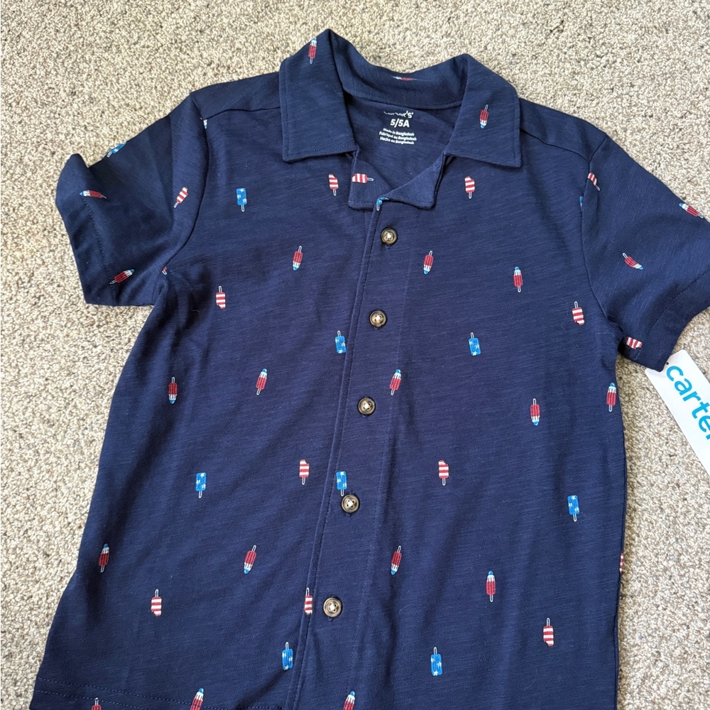 Navy Button-Up Shirt with Popsicle Print